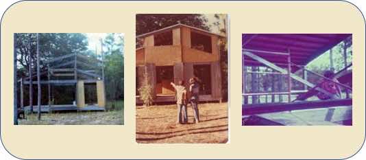 Three photos showing different views of a small house framed and partially covered with plywood sheets with windows cut out