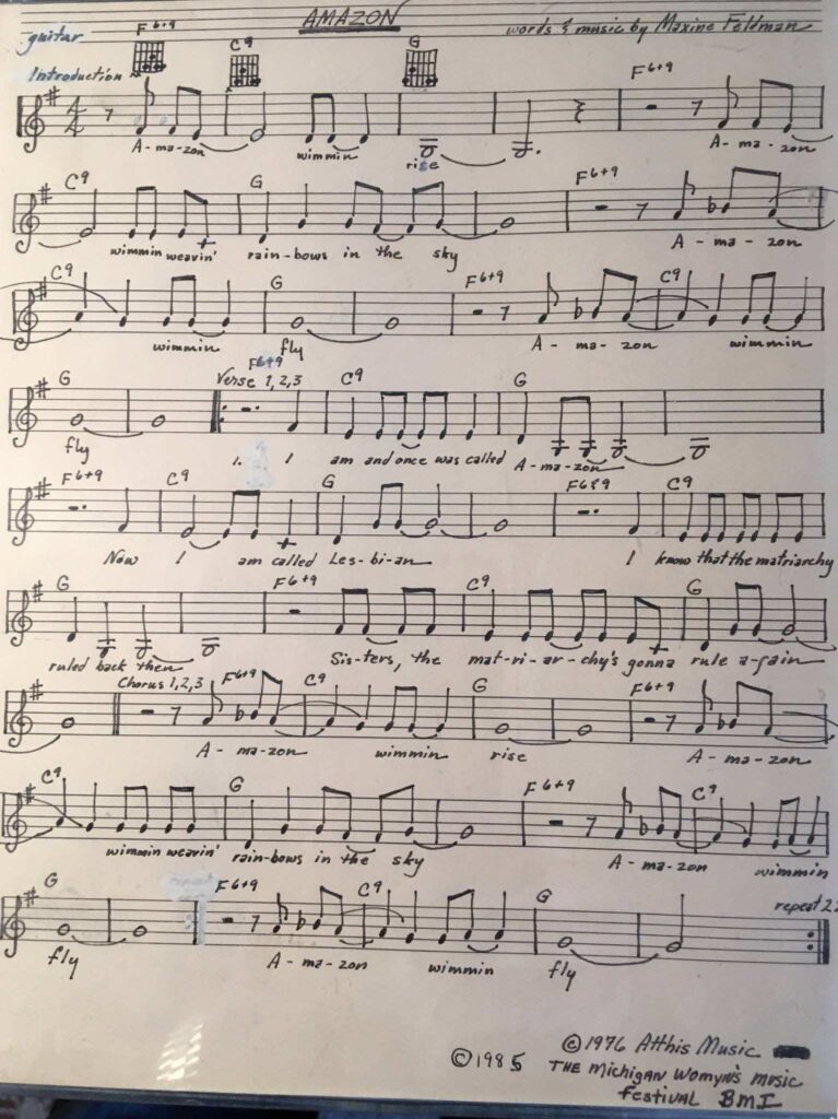 handwritten music manuscript of Maxine Feldman's song, "Amazon."