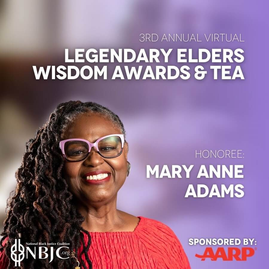Mary Anne Adams photo on a poster as honoree for the legendary elders wisdom awards