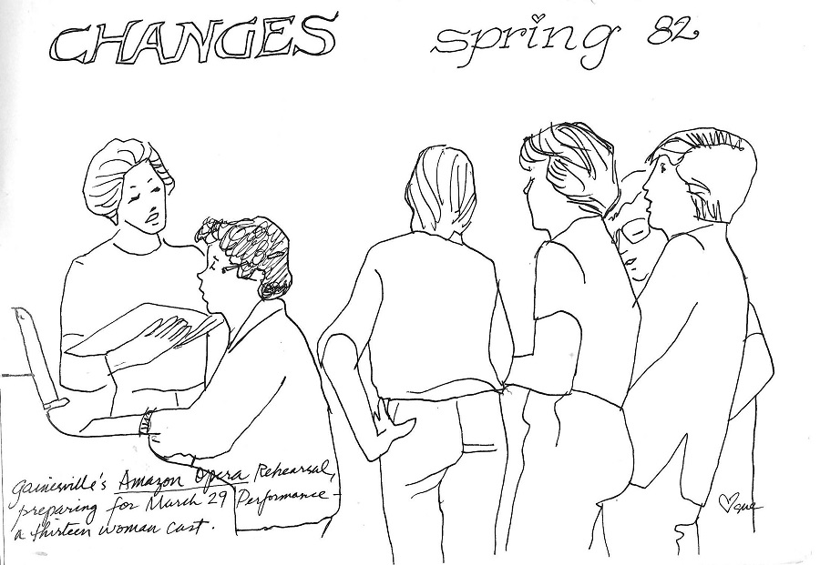 Line drawing of five women singing with a sixth playing the piano