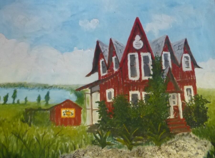 Painting of a many gabled two story house painted brick red overlooking a lake