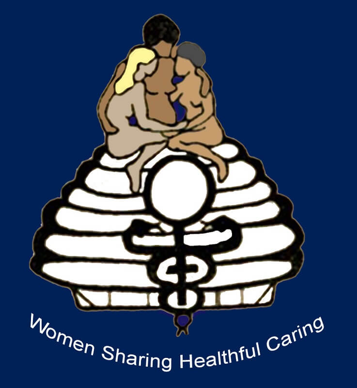 Drawing of three nude women seated atop a structure over motto Women Sharing Healthful Caring