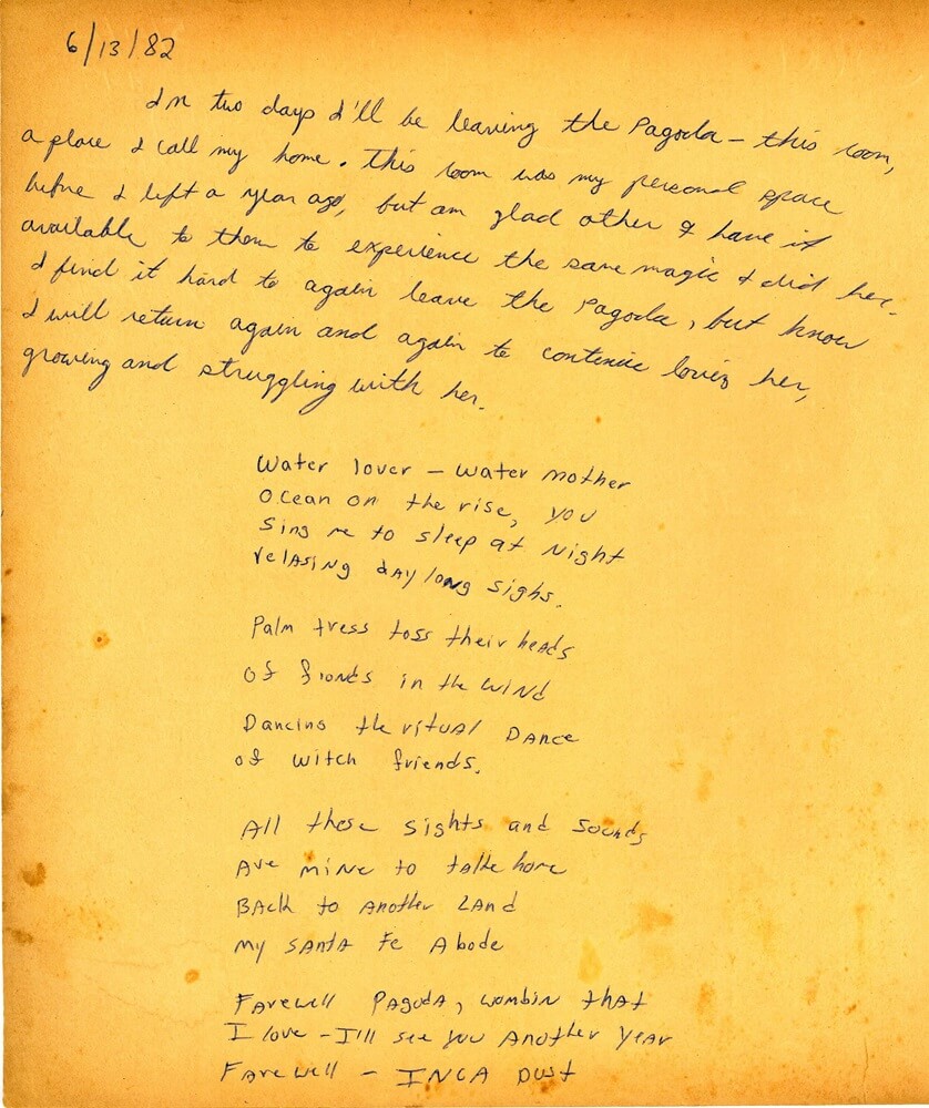 yellow guest book page from June 18, 1982 has a handwritten note over an untitled poem