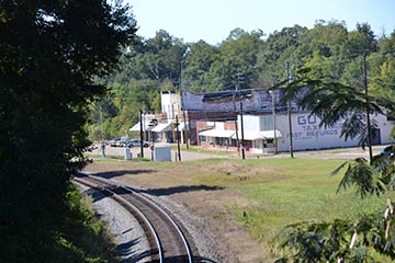 Railroad tracks and stores beyond them