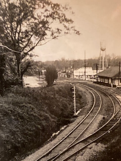 Railroad tracks in foreground, railroad depot, and store in background