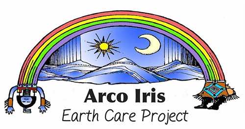 logo for Arco Iris with rainbow, mountains, sun, moon