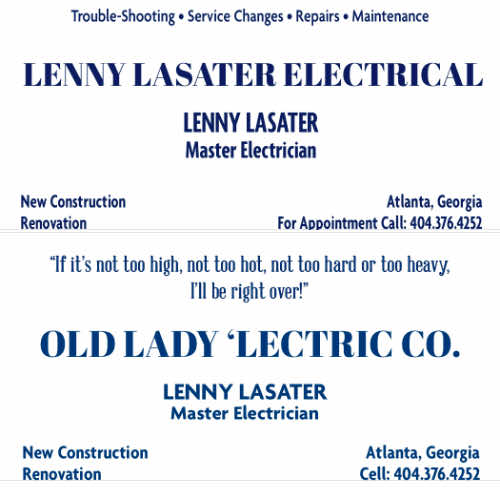 various iterations of business cards for electrician Lenny Lasater one says old lady lectric company