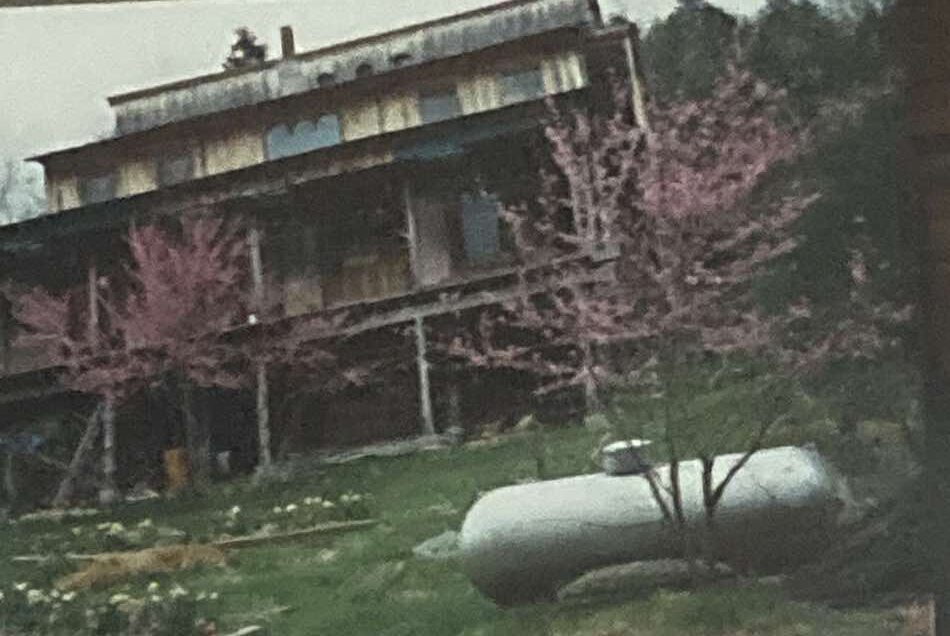 three story house fully constructed with trees and flowers blooming in spring