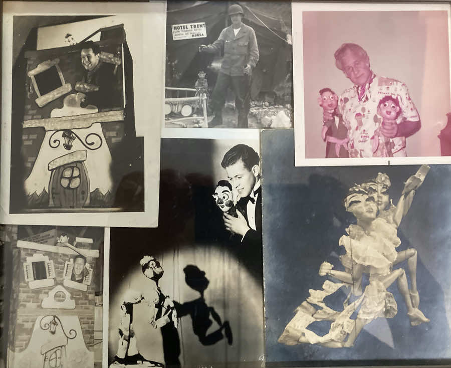 Photo collage of Merril Mushrooms dad as a puppeteer