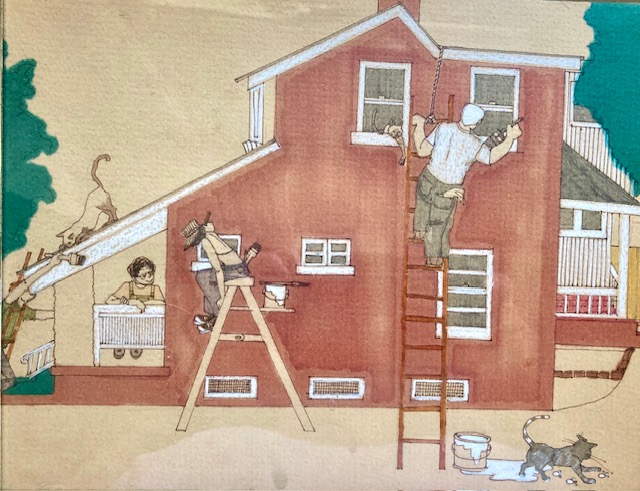 Red brick 2 story house with man on tall ladder painting woman on shorter ladder painting and woman on porch watching