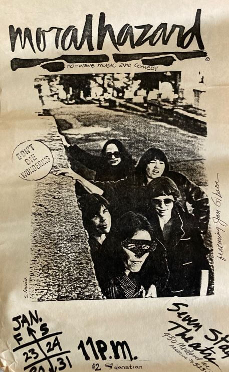 moral hazard poster with photo of 5 semi disguised women in the middle