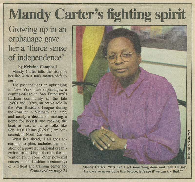 Photo of Mandy Carter in the Washington Blade newspaper in article titled Mandy Carter's fighting spirit