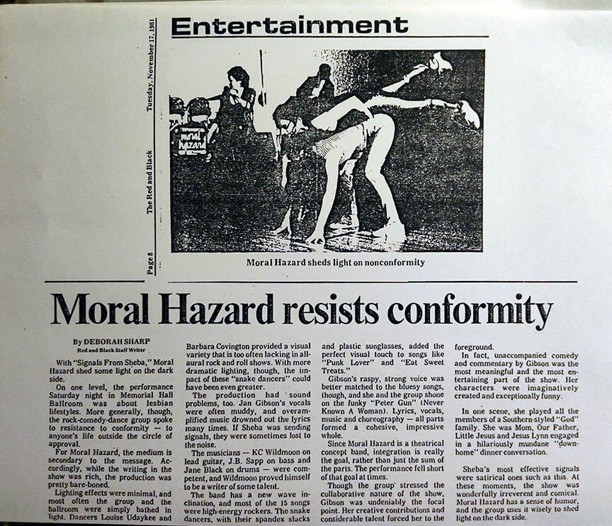 Article titled Moral Hazard resists conformity with pictures of band members in theatrical poses