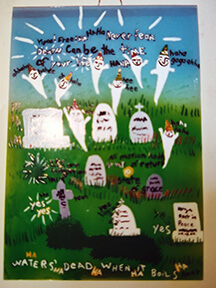 Jan Gibson's colorful painting of tombstones and ghosts