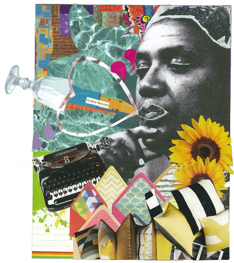 colorful collage with picture of Audre Lorde surrounded by typewriter, flowers, goblet and message tag reading Alexis Pauline