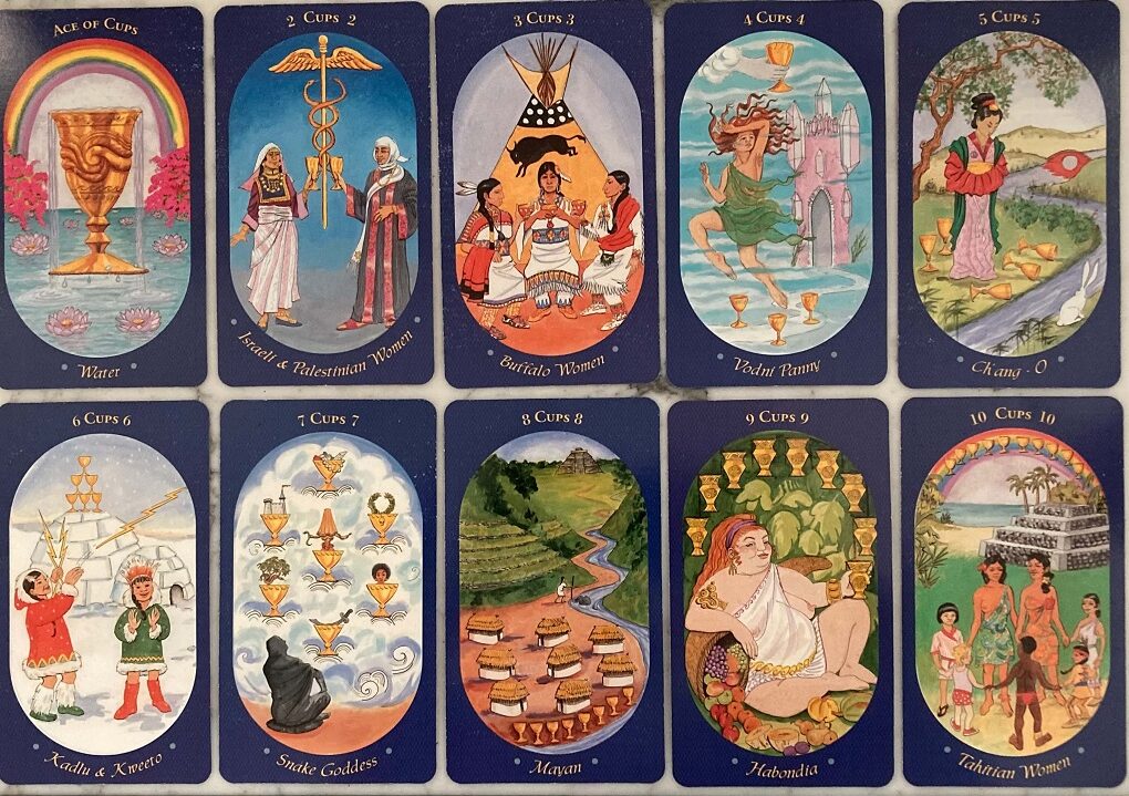 10 colorful Tarot cards in two rows of 5, Ace of Cups to 10 of Cups