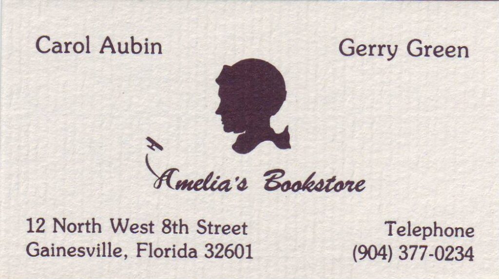 Gerry Green business card for Amelia's Bookstore