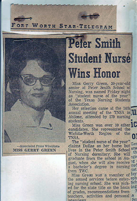 Gerry Green in nurse uniform and hat featured in newspaper piece titled Peter Smith Student Nurse Wins Honor
