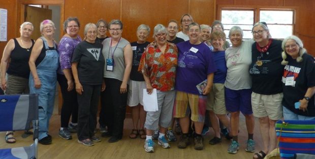 Photo of contributors gathered at Womonwrites in 2016