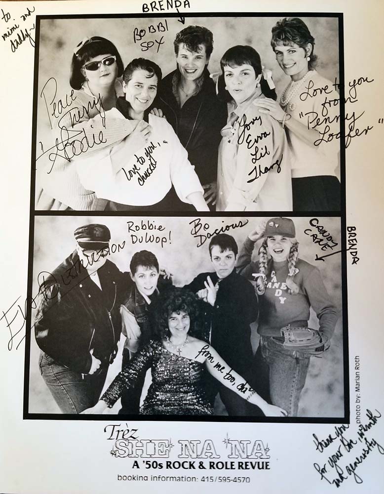 Publicity flyer with two photos of the band in different costumes with signatures of their stage names