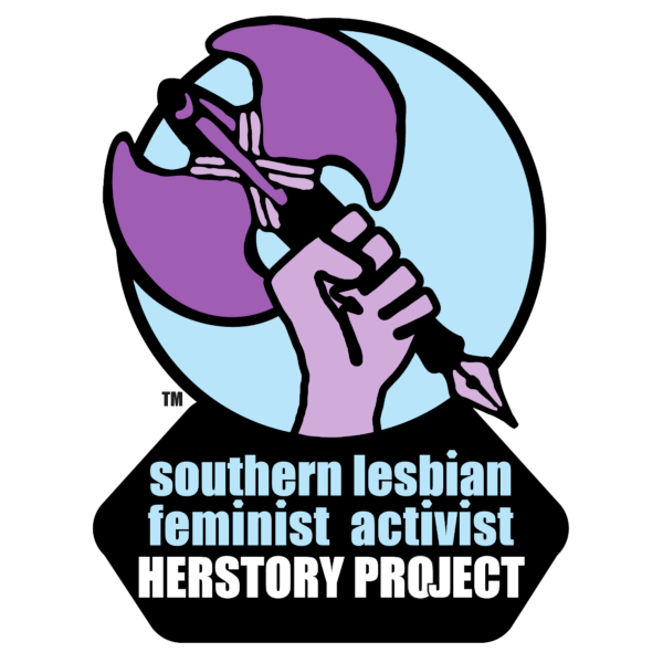 Logo for Southern Lesbian Feminist Activist Herstory Project is a clenched fist holding a pen that is attached to a labrys.