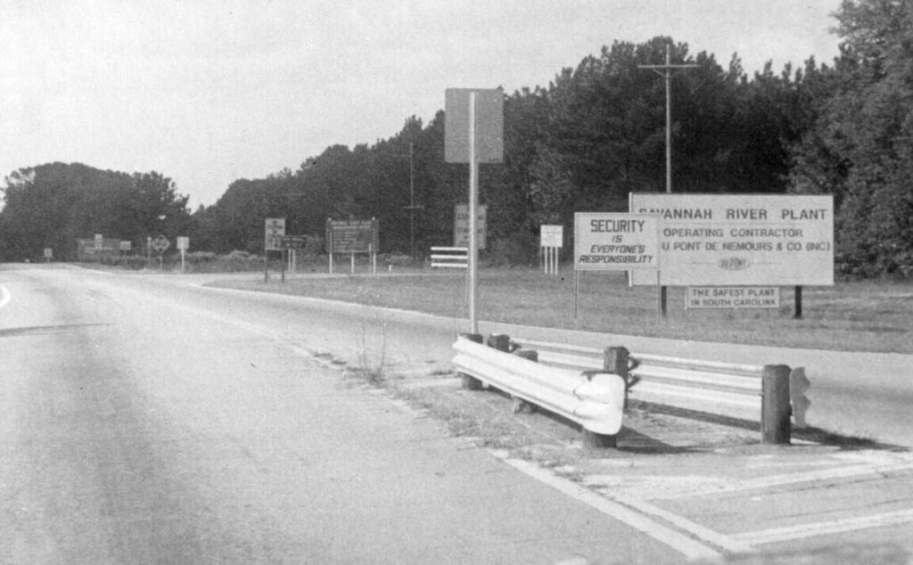 The entrance to the Savannah River Nuclear Plant Site shown with no traffic going in or out