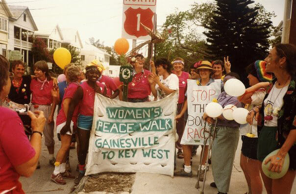 The women happily make it to Key West, posing and holding banners saying Women’s Peace Walk and stop the bomb racket