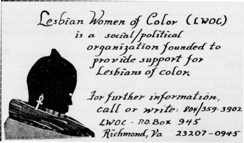 An informational flyer with the mission of Lesbian Women of Color, and a stylized profile of a Black woman.
