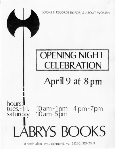 Labrys Books informational poster with bookstore hours and a stylized labrys image extending along the left side.