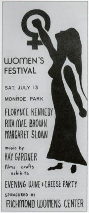 Richmond Women’s Festival poster with defiant woman illustration, arm raised, her fist in the center of a women’s symbol.
