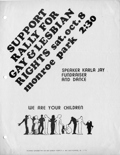 Line drawing of people, a child, and an old man with a cane, linking arms under the slogan “We Are Your Children.”