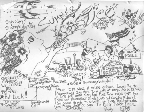 Hand-drawn and lettered map, illustrated with pictures of women, announcing the Summer Solstice party at Connie’s Cabin.