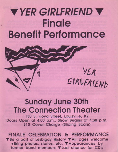 Flyer includes the Yer Girlfriend logo, a stylized kite with flowing hair, sunglasses, and a cupid’s bow mouth.